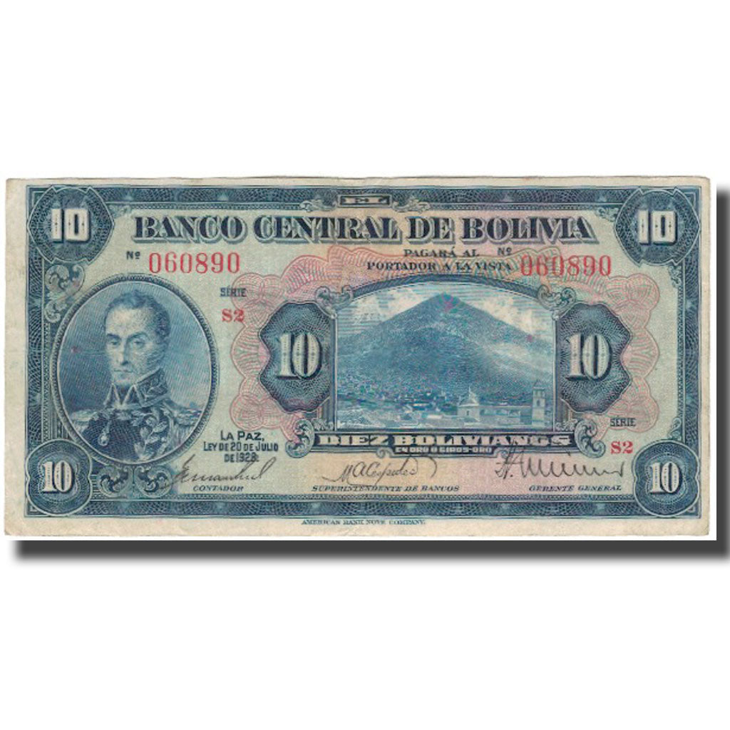 Banknote, Bolivia, 10 Bolivianos, 1928-07-20, KM:121a, VF(20-25)