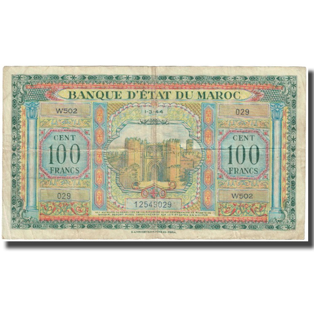 Banknote, Morocco, 100 Francs, 1944-03-01, KM:27A, VF(20-25)