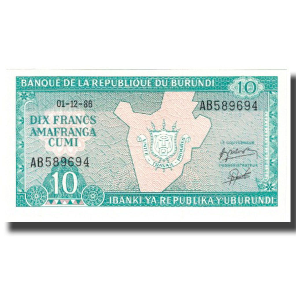 Billet, Burundi, 10 Francs, 1986, 1986-12-01, KM:33b, NEUF