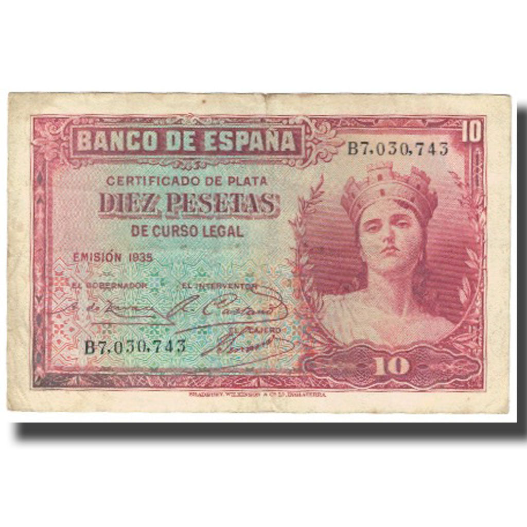 Banconote, Spagna, 10 Pesetas, 1935, KM:86s, MB+