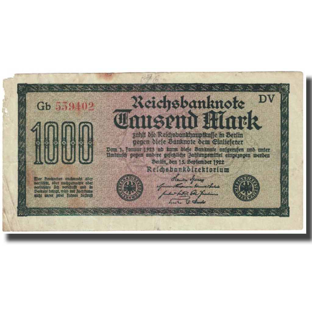 Banconote, Germania, 1000 Mark, 1922, 1922-09-15, KM:76g, B