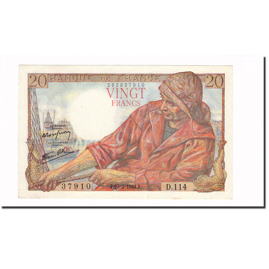 France, 20 Francs, Pêcheur, 1944, 1944-02-10, SUP+, KM:100a