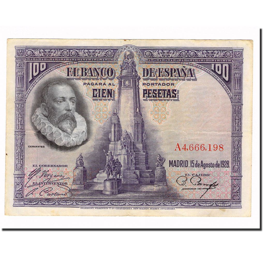 Nota, Espanha, 100 Pesetas, 1928, 1928-08-15, KM:76a, EF(40-45)