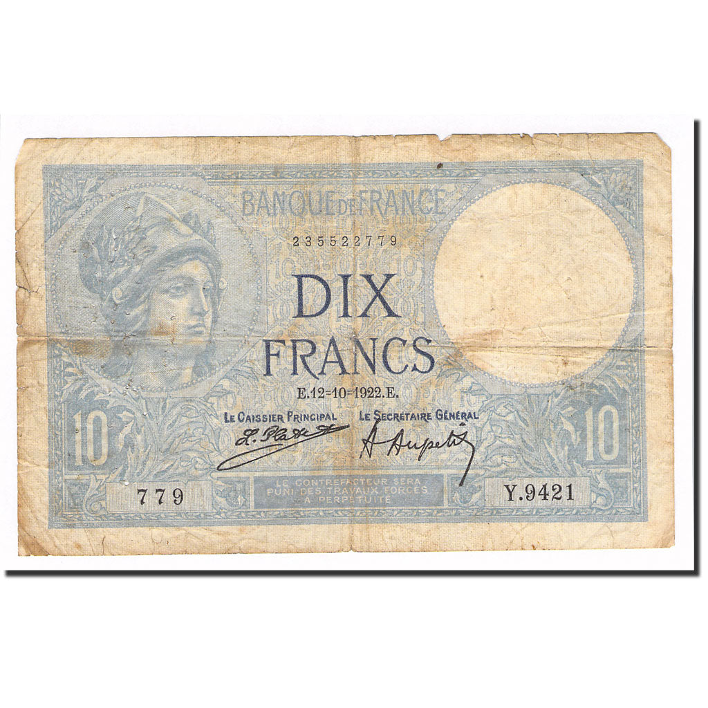 France, 10 Francs, Minerve, 1922, 1922.10.12, VG(8-10), Fayette:06.06, KM:73c