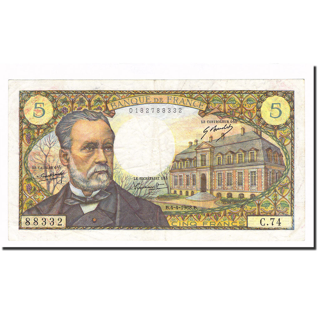 France, 5 Francs, Pasteur, 1968, 1968-04-04, EF(40-45), Fayette:61.07, KM:146b