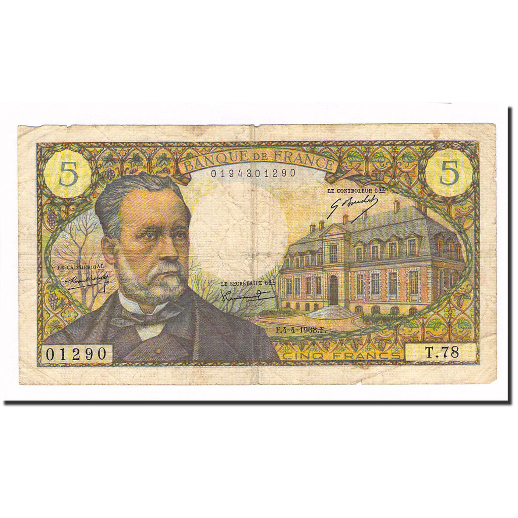 France, 5 Francs, Pasteur, 1968, 1968-04-04, VF(20-25), Fayette:61.07, KM:146b