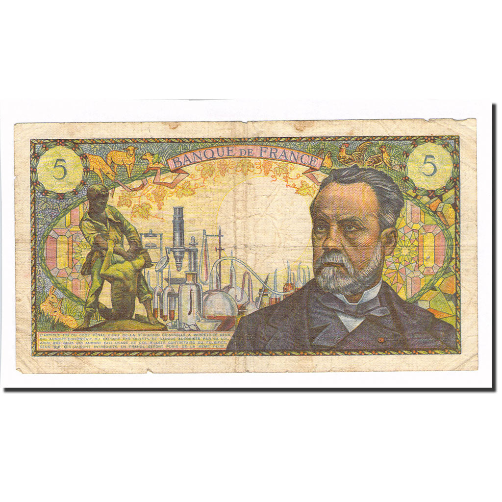 France, 5 Francs, Pasteur, 1968, 1968-04-04, VF(20-25), Fayette:61.07, KM:146b