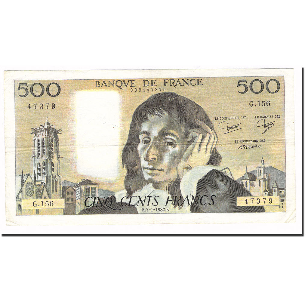 France, 500 Francs, Pascal, 1982, 1982-01-07, EF(40-45), Fayette:71.26, KM:156e
