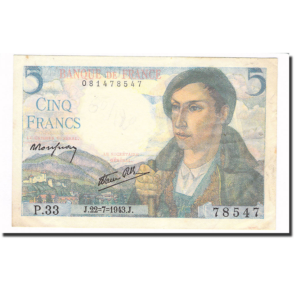 France, 5 Francs, Berger, 1943, 1943-07-22, SUP, Fayette:5.2, KM:98a