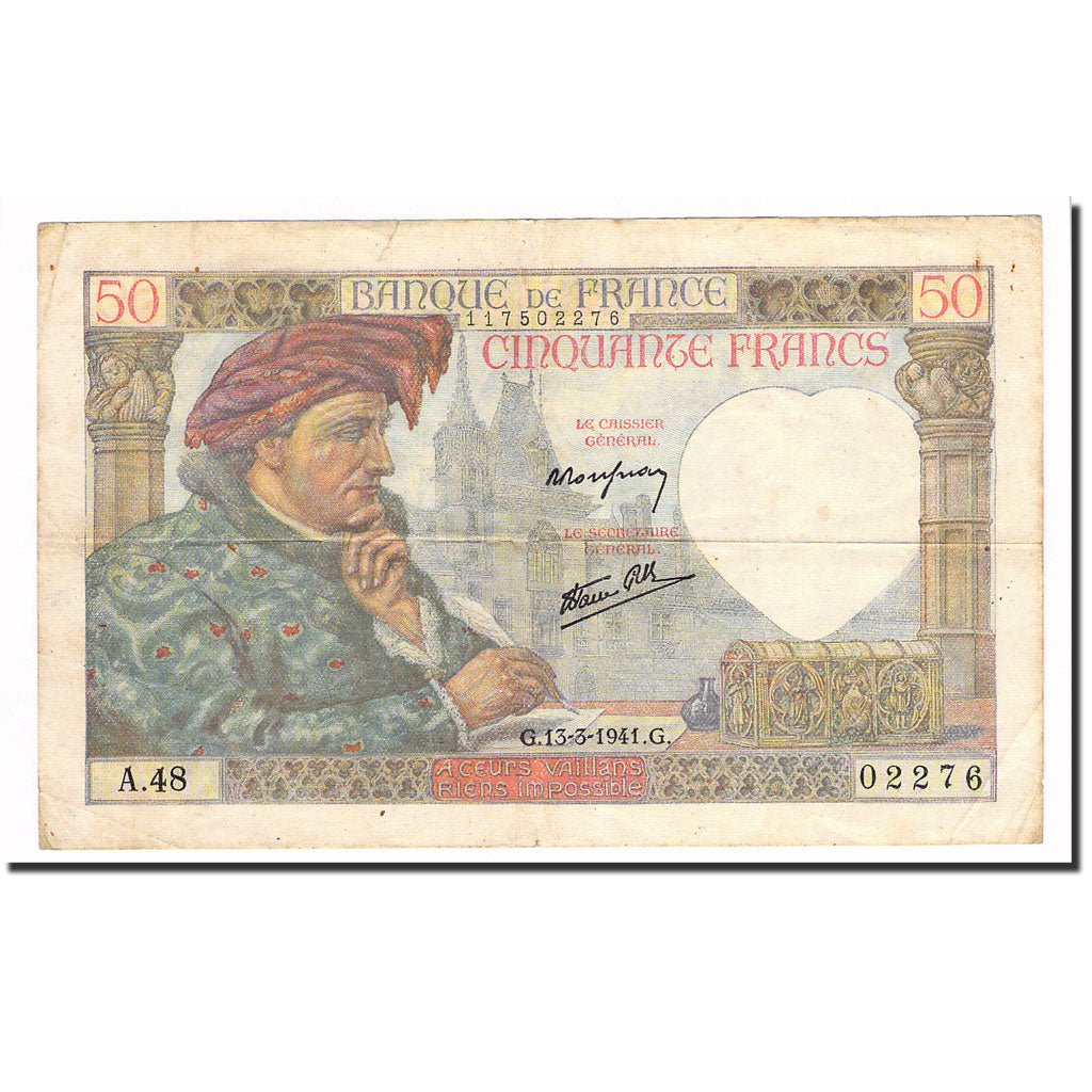 Francja, 50 Francs, Jacques Coeur, 1941, 1941-03-13, VF(30-35), Fayette:19.7