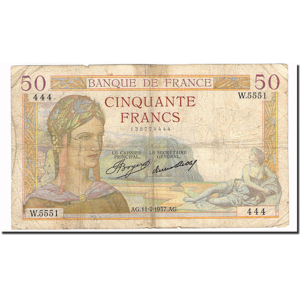 Frankrijk, 50 Francs, Cérès, 1937, 1937-02-11, TB, Fayette:17,34, KM:81