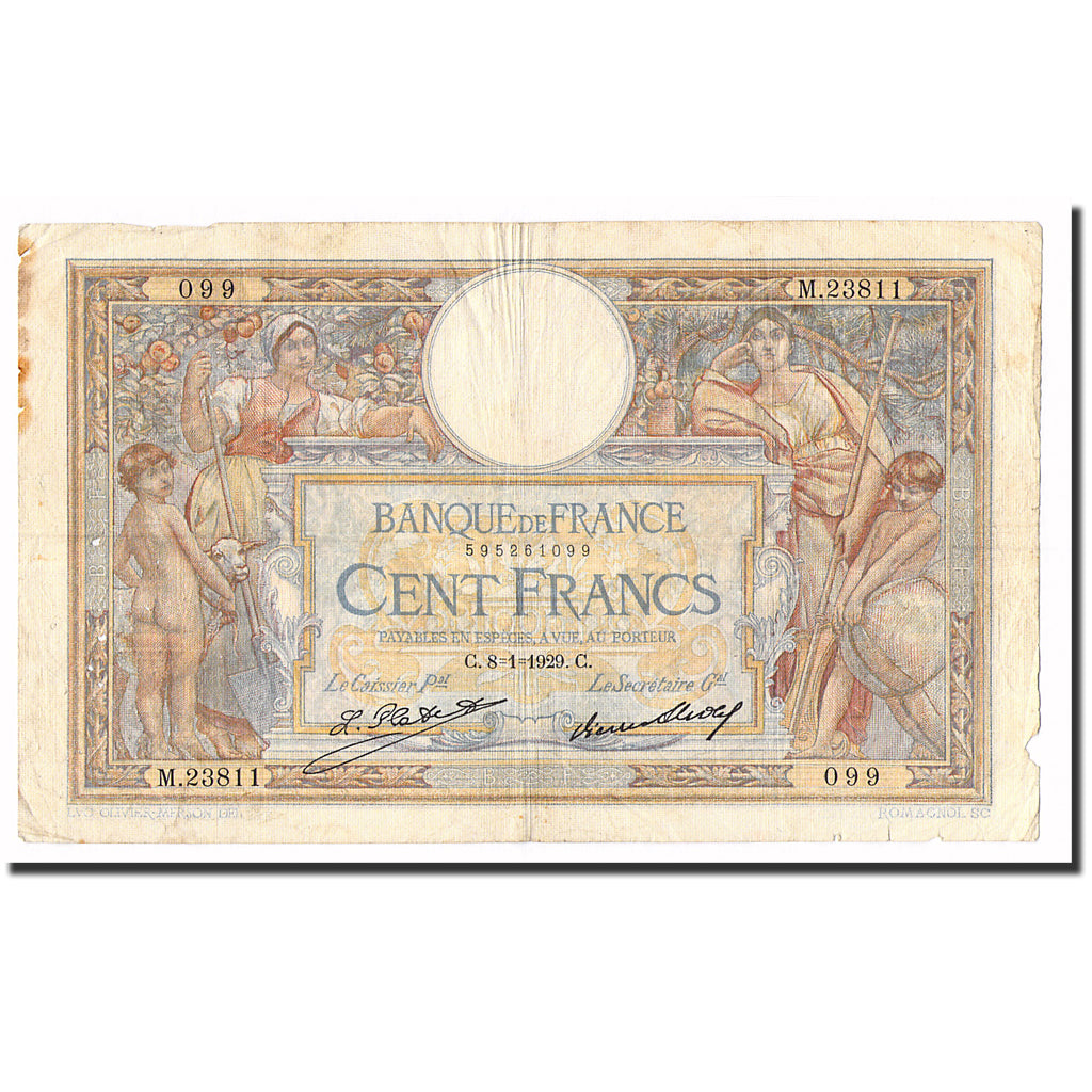 France, 100 Francs, Luc Olivier Merson, 1929, 1929-08-01, VF(20-25)