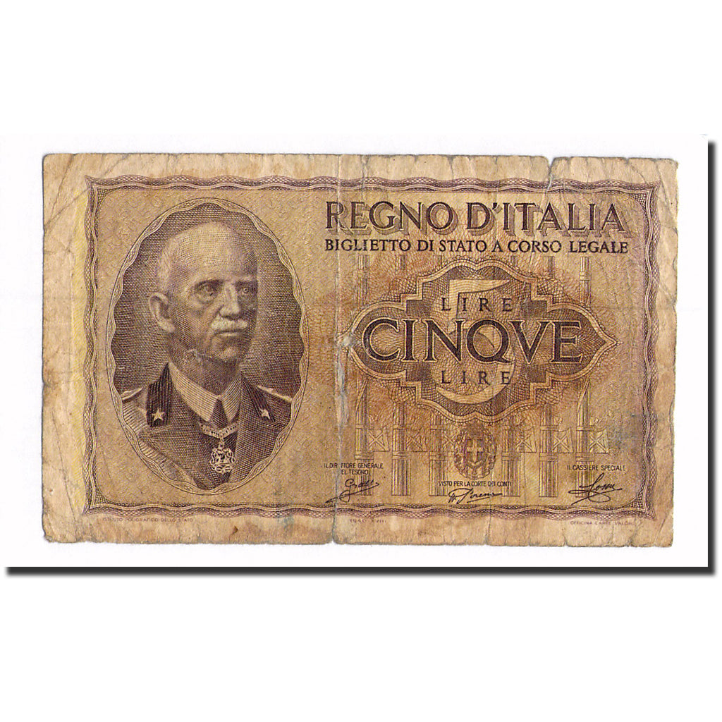 Banknote, Italy, 5 Lire, KM:28, VG(8-10)