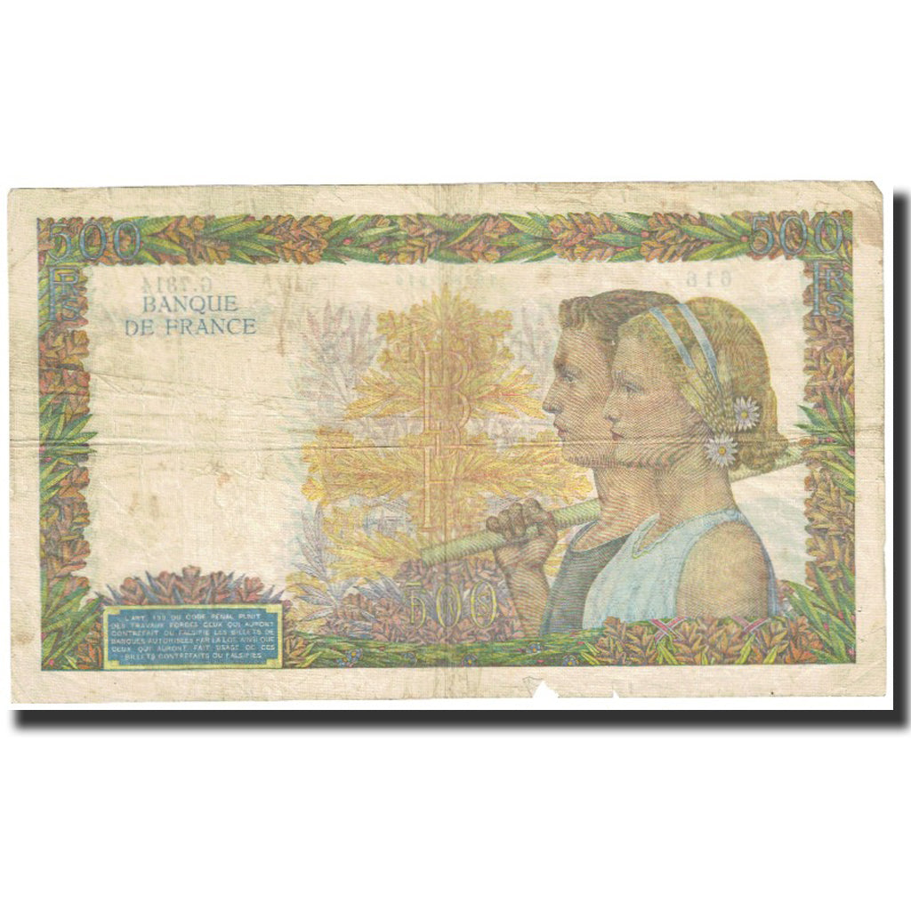 France, 500 Francs, La Paix, 1942, 1942-10-15, VF(20-25), Fayette:32.42, KM:95b