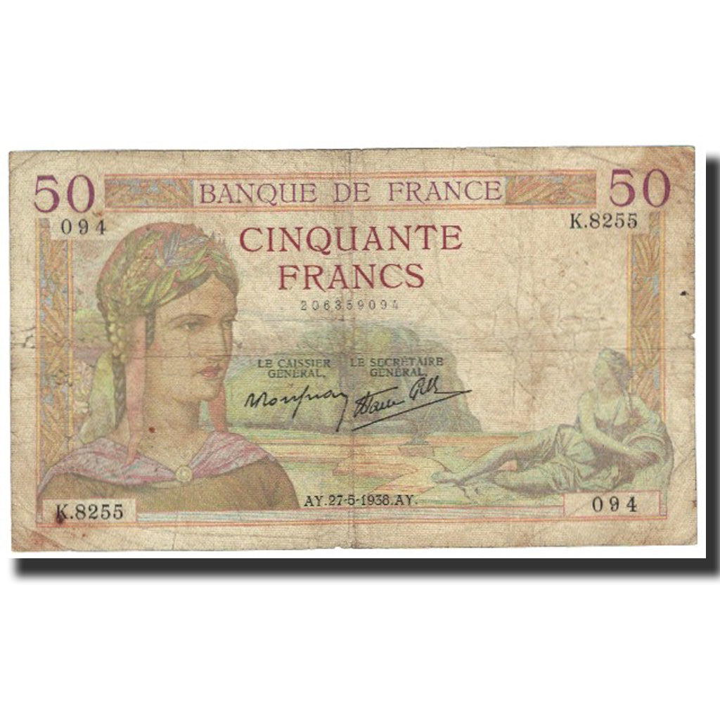 Frankrijk, 50 Francs, Cérès, 1938, 1938-05-27, TB, Fayette:18.13, KM:85b