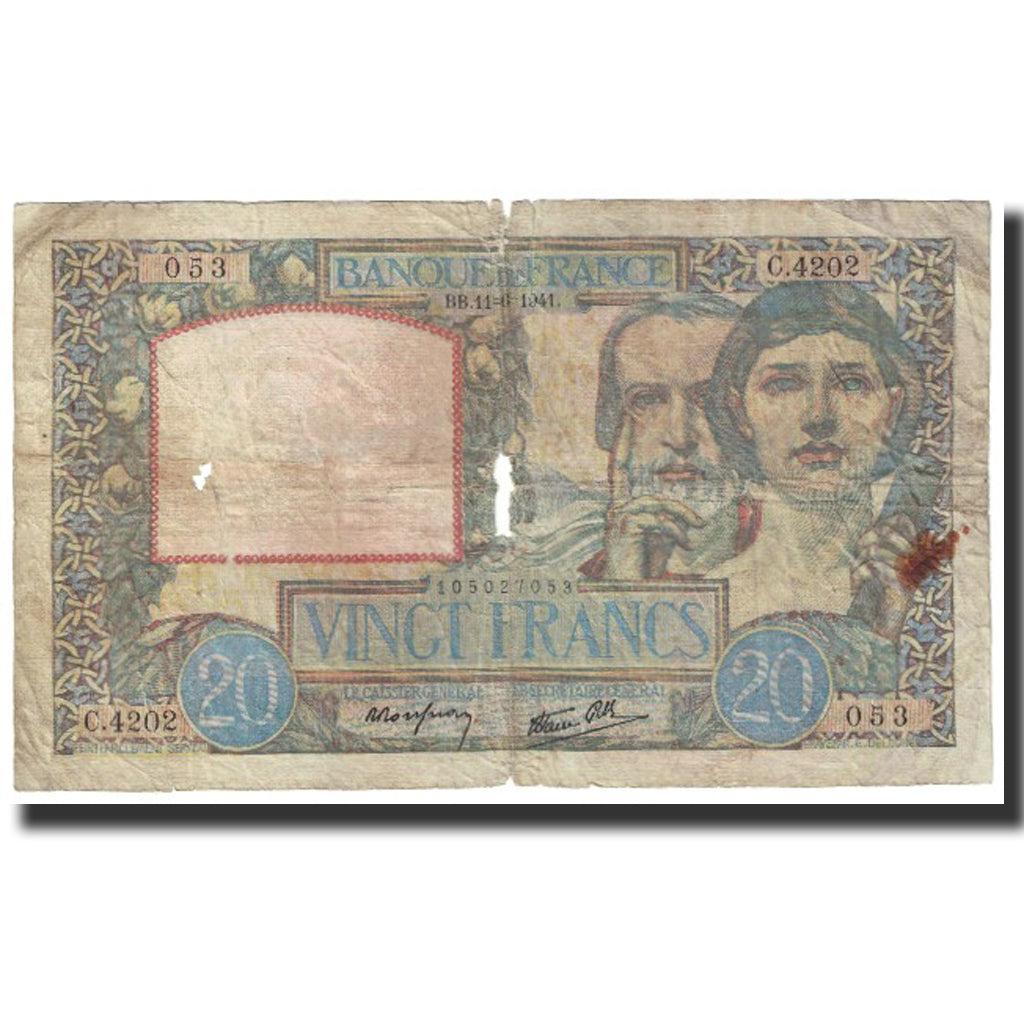 France, 20 Francs, Science et Travail, 1941, 1941-06-11, VG(8-10)