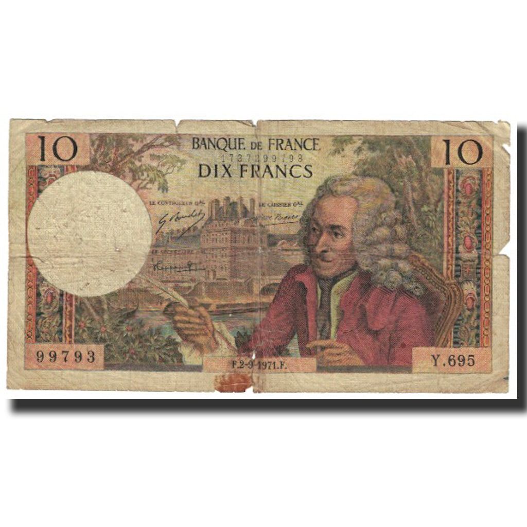 France, 10 Francs, Voltaire, 1971, 1971-09-02, VG(8-10), Fayette:62.51, KM:147d
