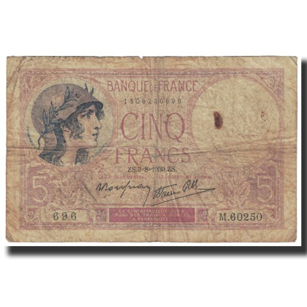 France, 5 Francs, Violet, 1939, 1939-08-03, VF(20-25), Fayette:4.4, KM:83