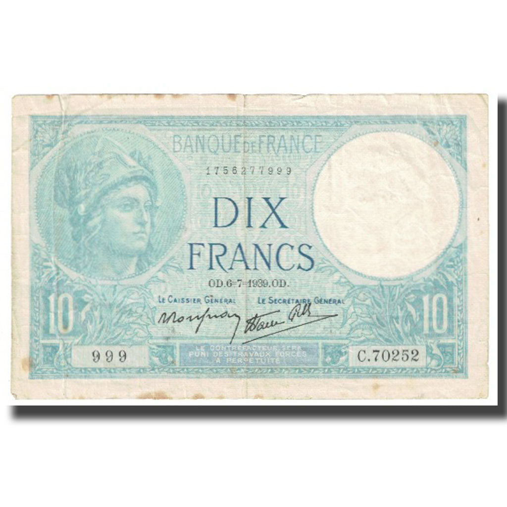 França, 10 Francs, Minerve, 1939, 1941-06-19, VF(30-35), Fayette:7.4, KM:84