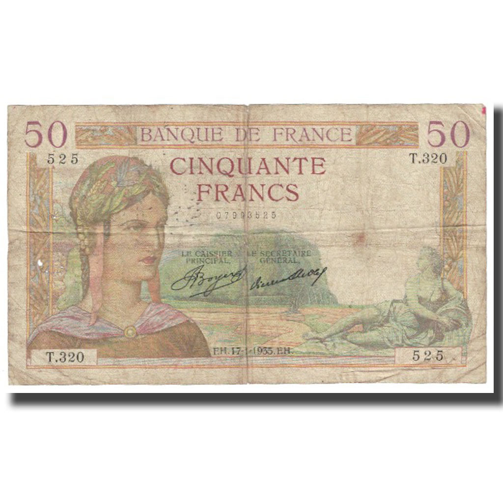 France, 50 Francs, Cérès, 1935, 1935-01-17, VG(8-10), Fayette:17.3, KM:81