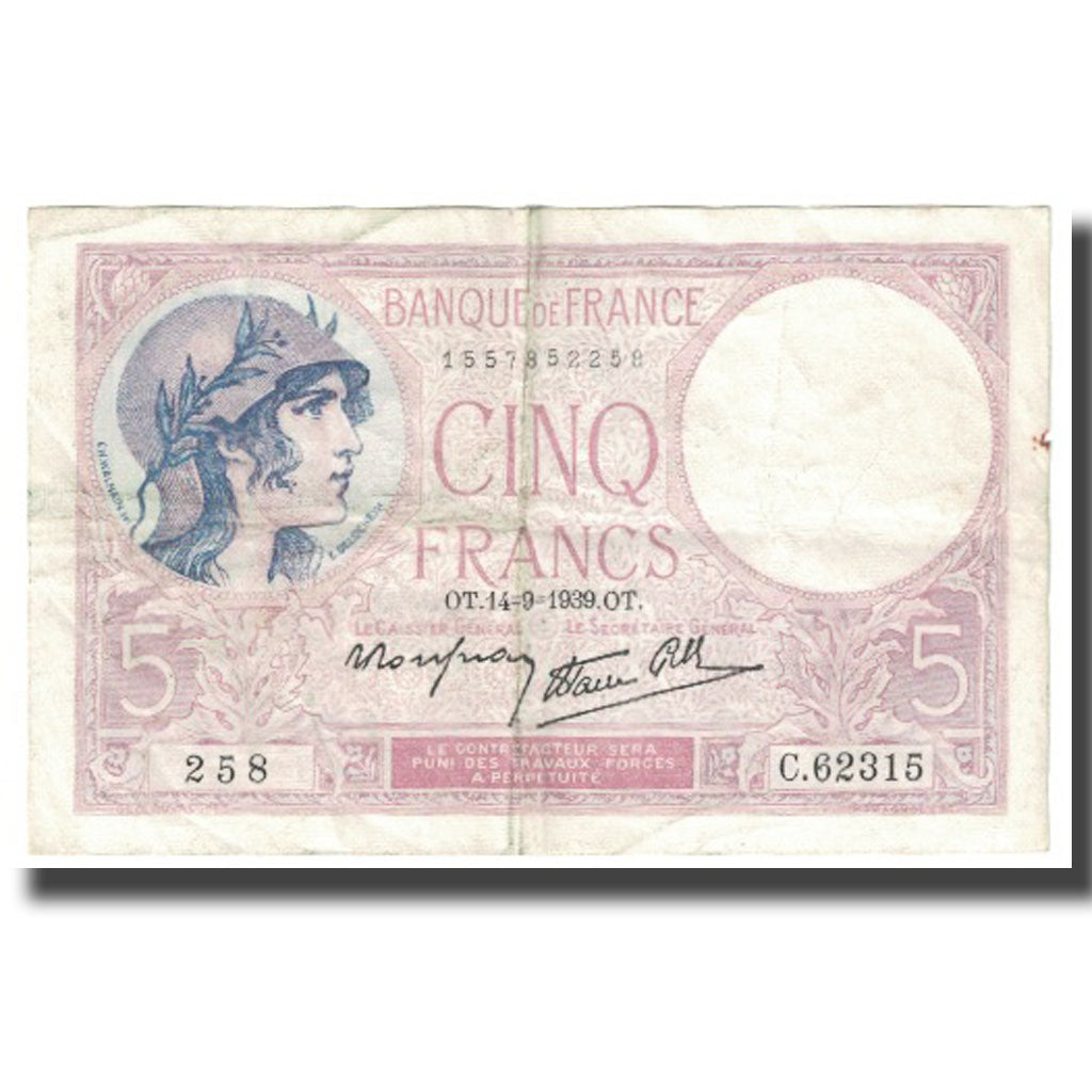 Francia, 5 Francs, Violet, 1939, 1939-09-14, MBC, Fayette:4.8, KM:83