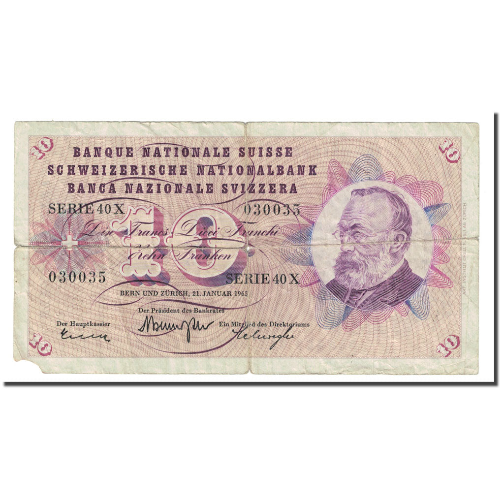 Banknote, Switzerland, 10 Franken, 1965, 1965-01-21, KM:45j, VF(20-25)