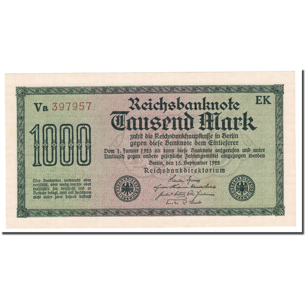 Banknote, Germany, 1000 Mark, 1922, 1922-09-15, KM:76f, AU(55-58)