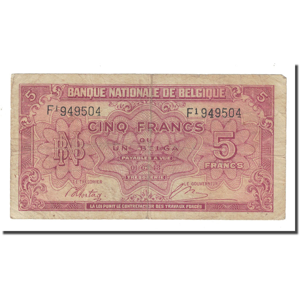 Banknote, Belgium, 5 Francs-1 Belga, 1943, 1943-02-01, KM:121, VF(20-25)