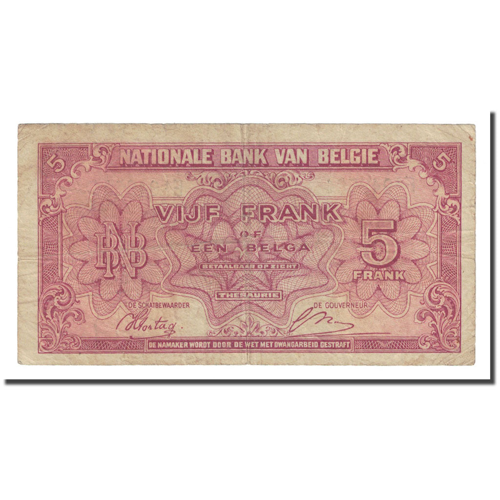 Banknote, Belgium, 5 Francs-1 Belga, 1943, 1943-02-01, KM:121, VF(20-25)