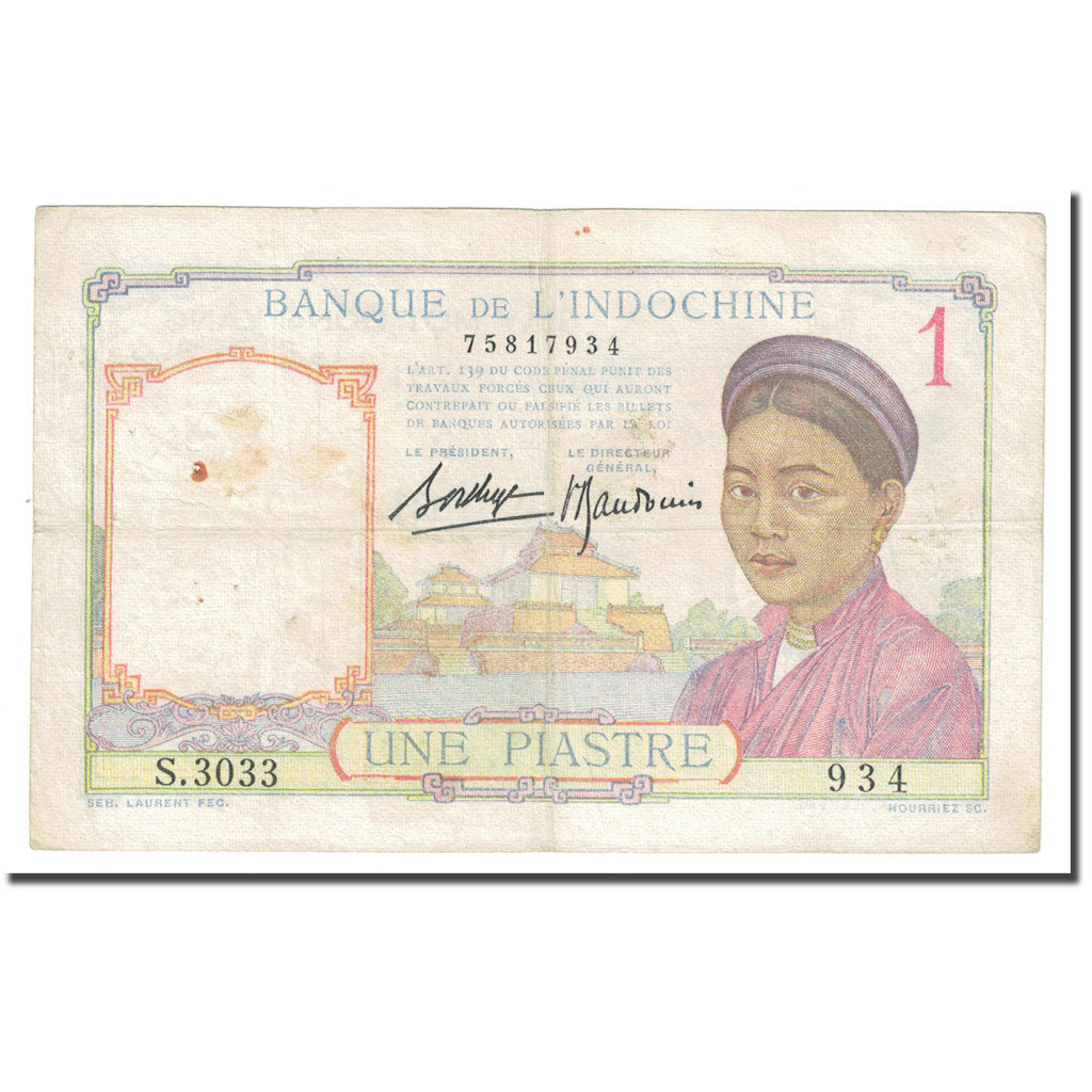 Banknote, FRENCH INDO-CHINA, 1 Piastre, KM:54b, VF(20-25)