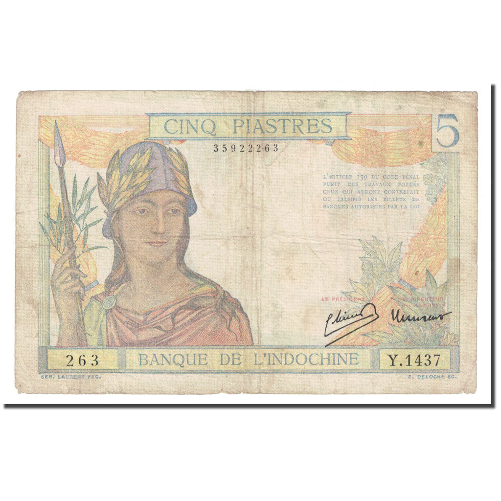 Banknote, FRENCH INDO-CHINA, 5 Piastres, KM:55c, VF(20-25)