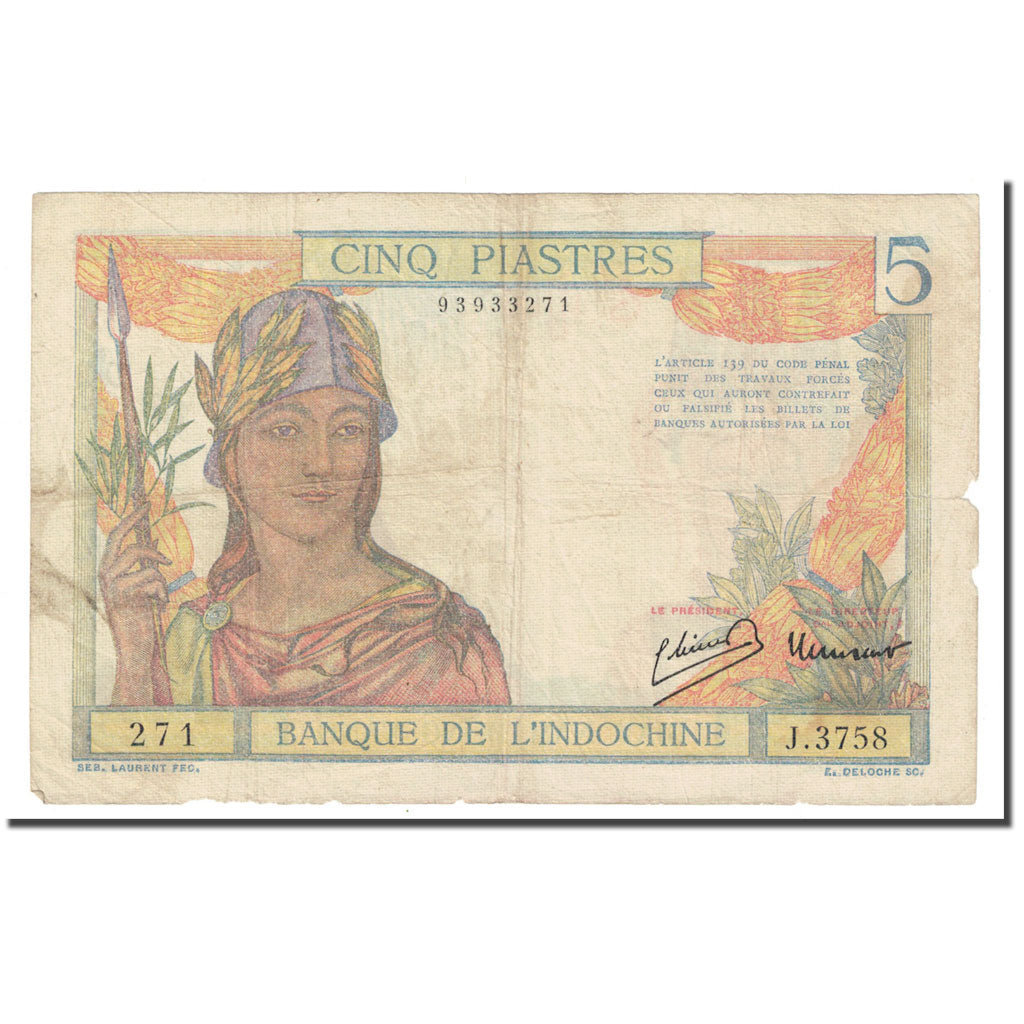 Banknote, FRENCH INDO-CHINA, 5 Piastres, KM:55c, VF(20-25)