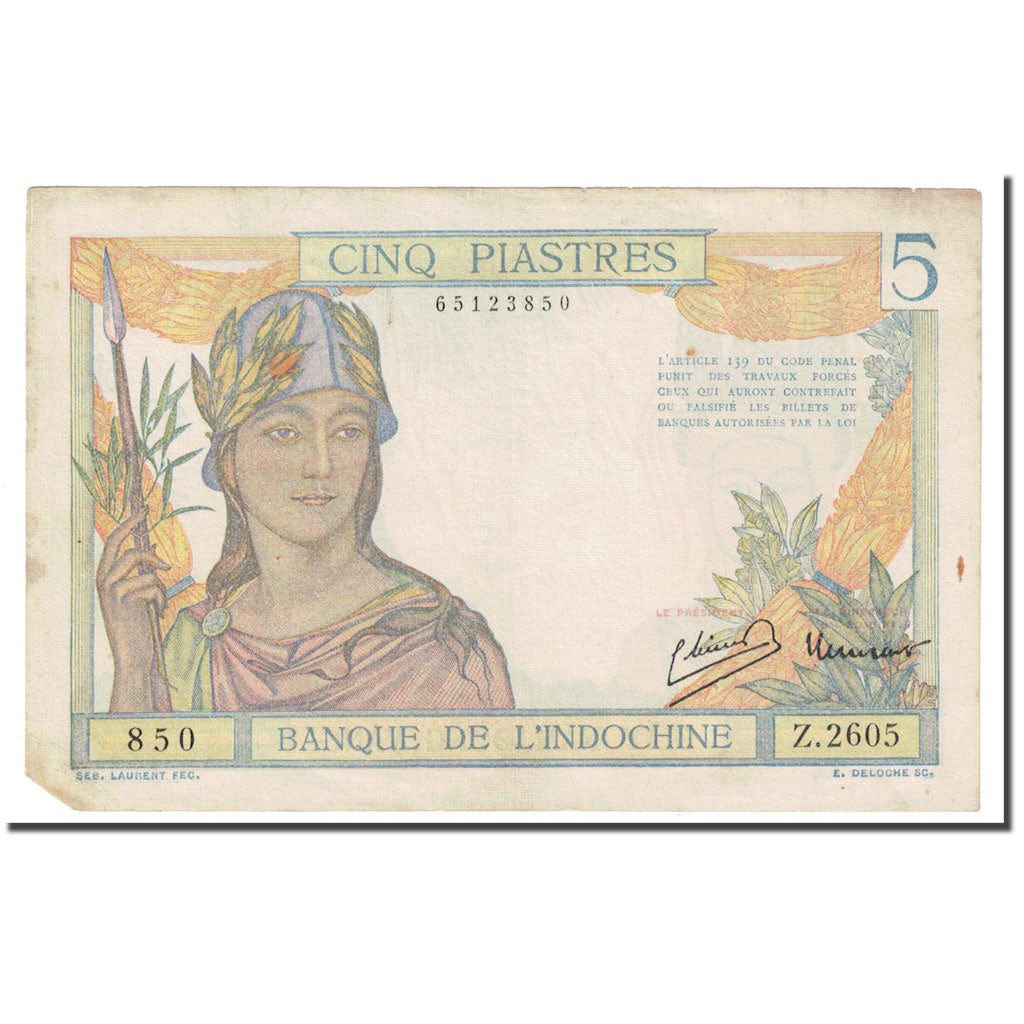 Banknote, FRENCH INDO-CHINA, 5 Piastres, KM:55c, VF(20-25)