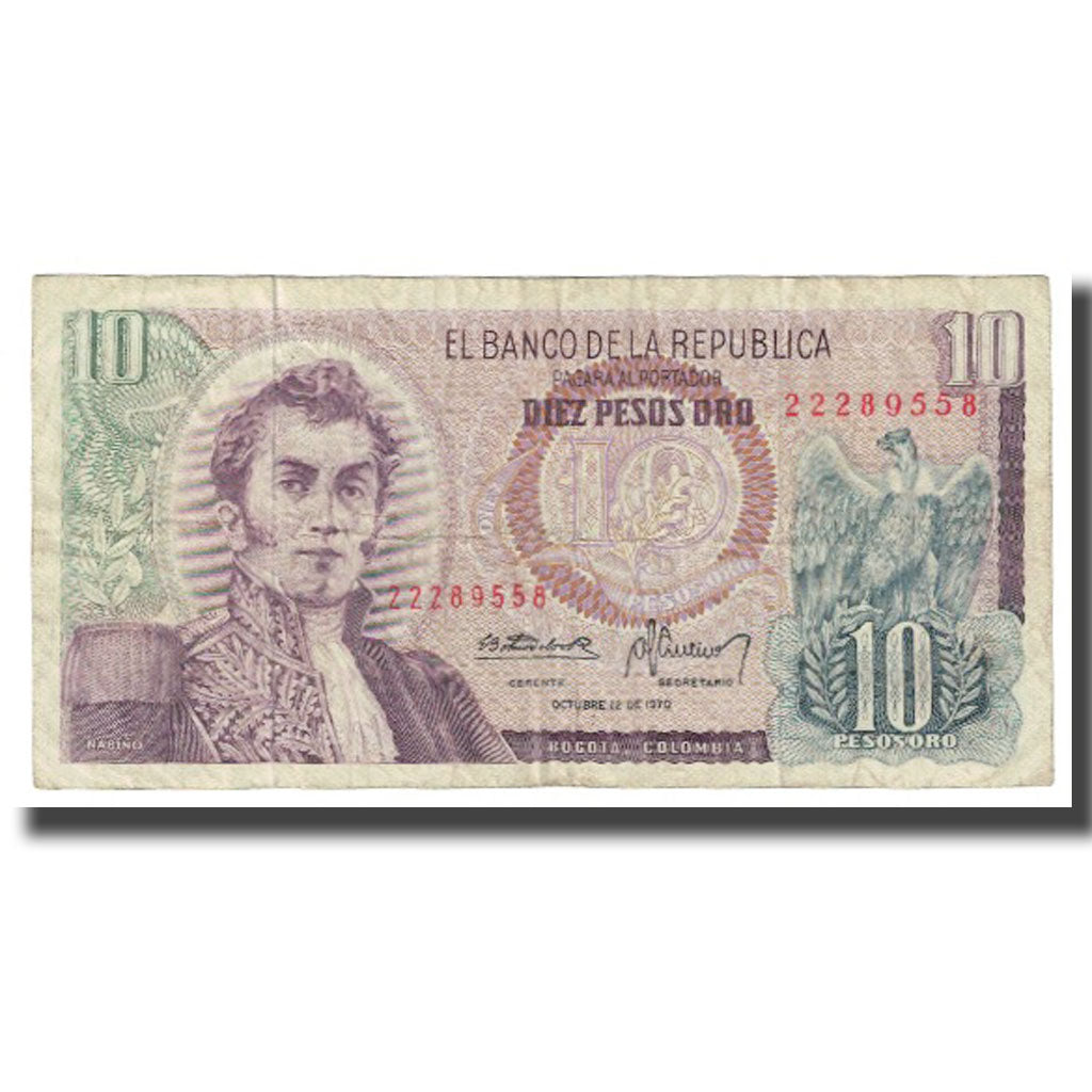 Banknote, Colombia, 10 Pesos Oro, 1970, 1970-10-12, KM:407d, VF(30-35)