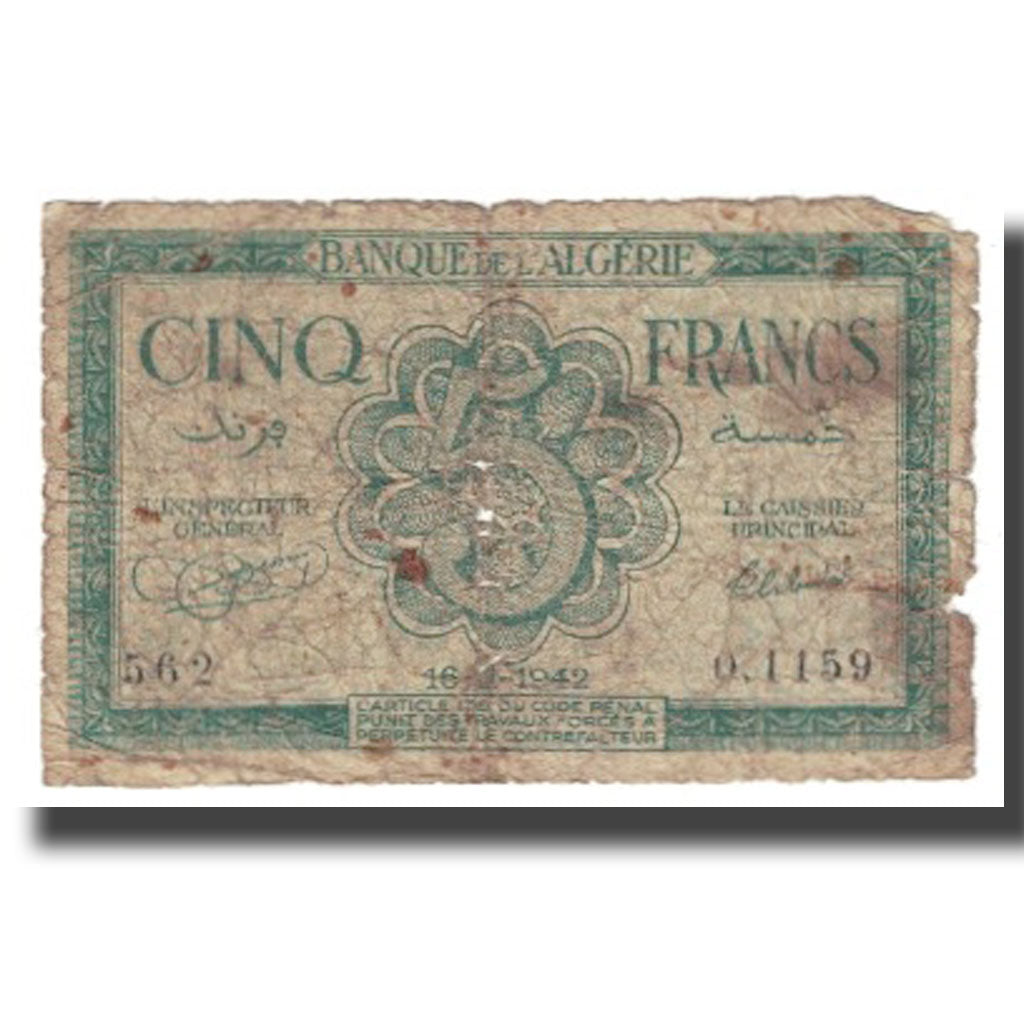 Banknote, Algeria, 5 Francs, 1942, 1942-11-16, KM:91, AG(1-3)
