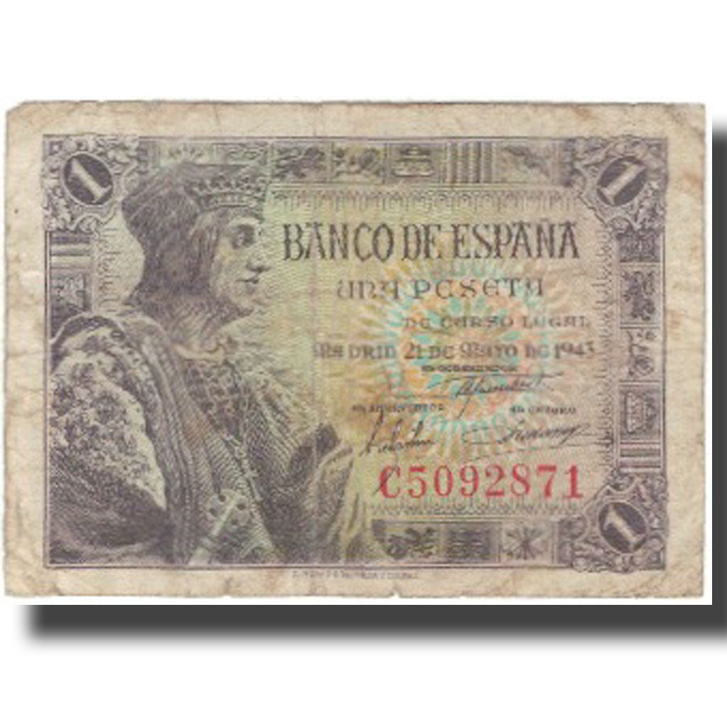 Banknote, Spain, 1 Peseta, 1943, 1943-05-21, KM:126a, VF(20-25)