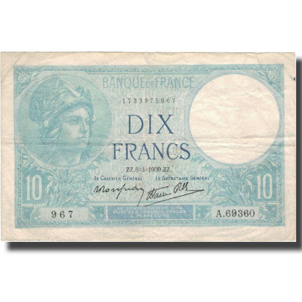 France, 10 Francs, Minerve, 1939, 1939-04-06, EF(40-45), KM:84