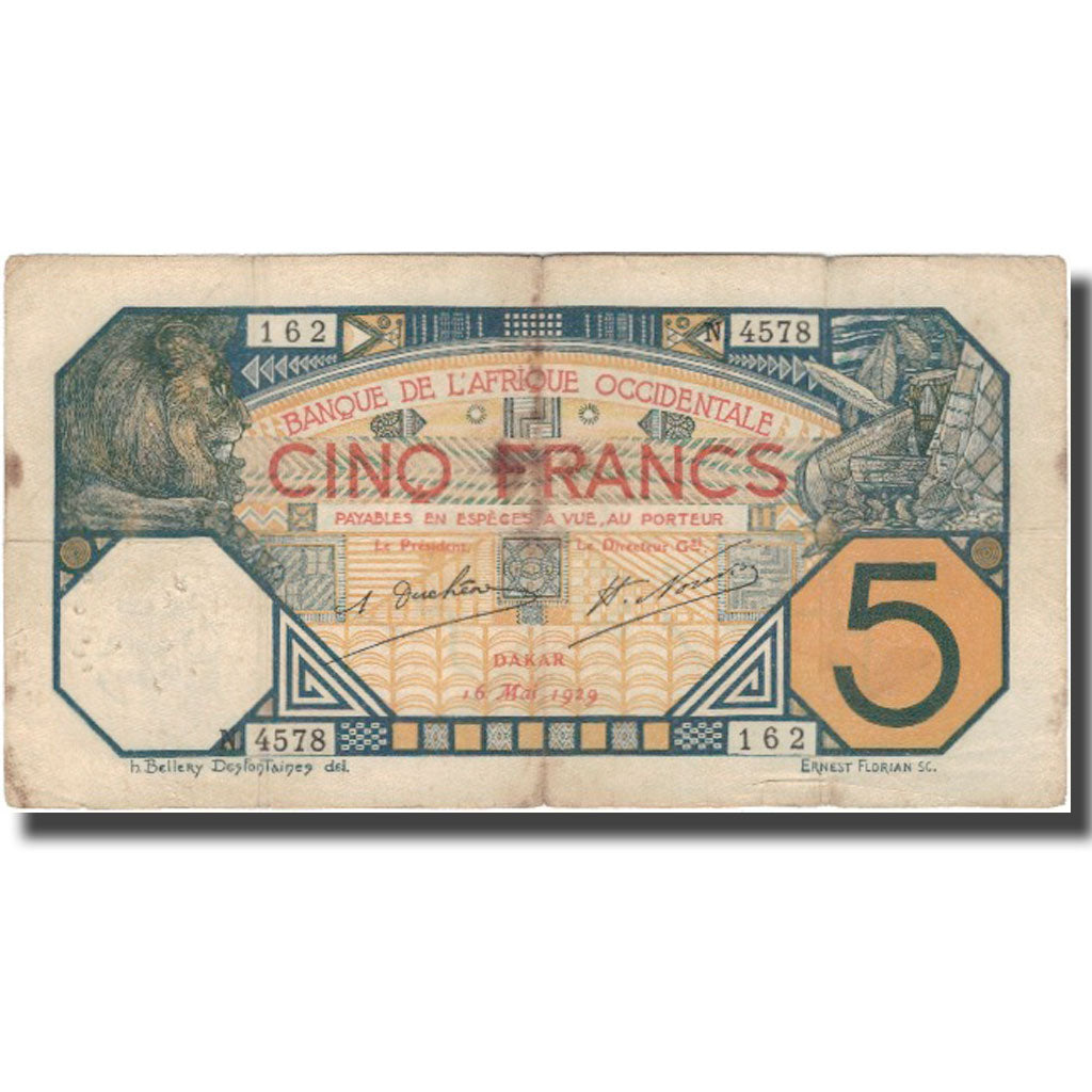 Banknote, French West Africa, 5 Francs, 1929, 1929-05-16, KM:5Bf, VF(30-35)