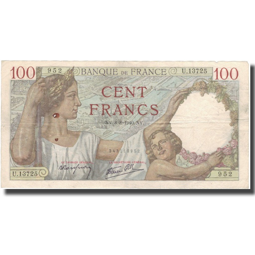 France, 100 Francs, Sully, 1940, 1940-08-08, TB+, Fayette:26.35, KM:94
