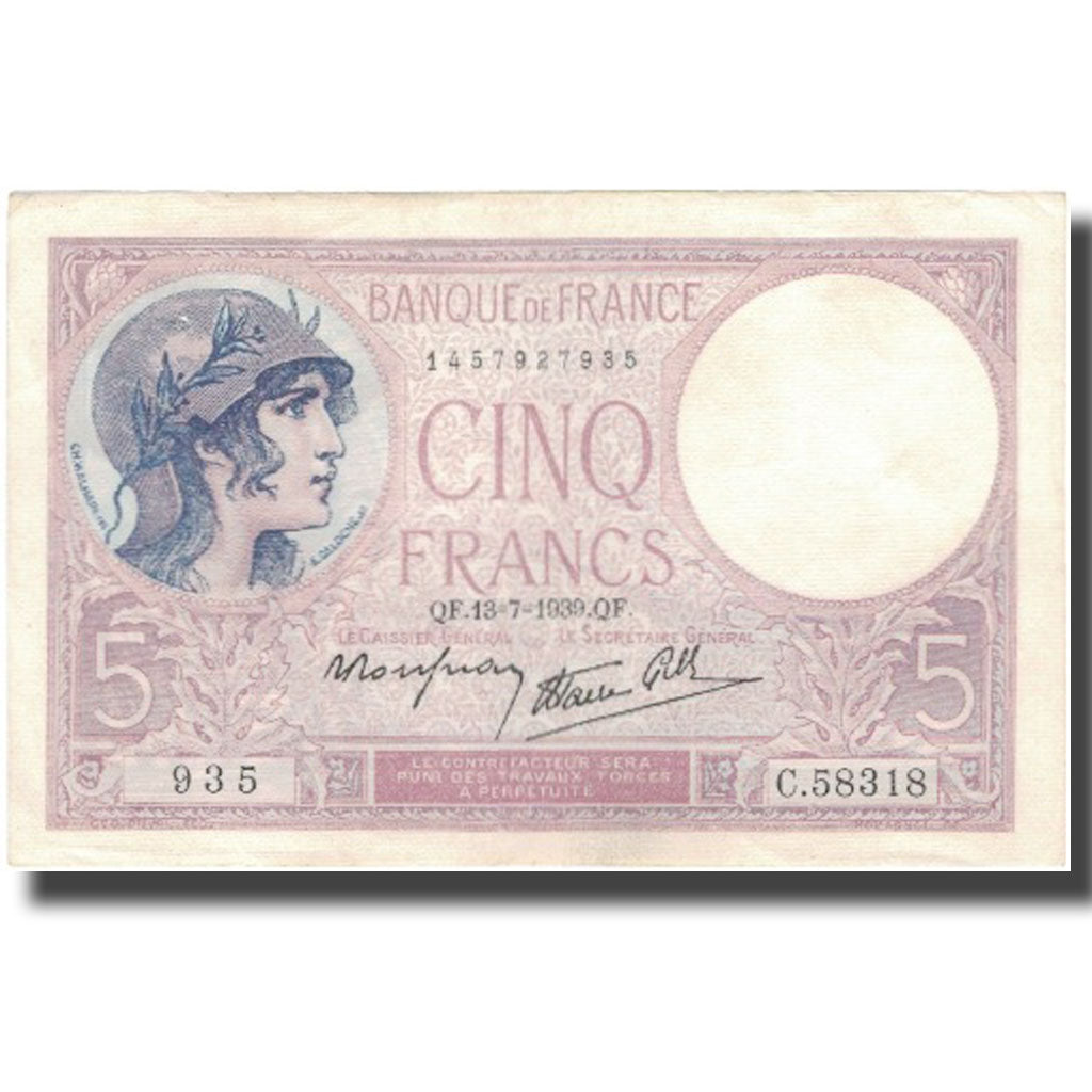 França, 5 Francs, Violet, 1939, 1939-07-13, UNC(60-62), Fayette:4.1, KM:83