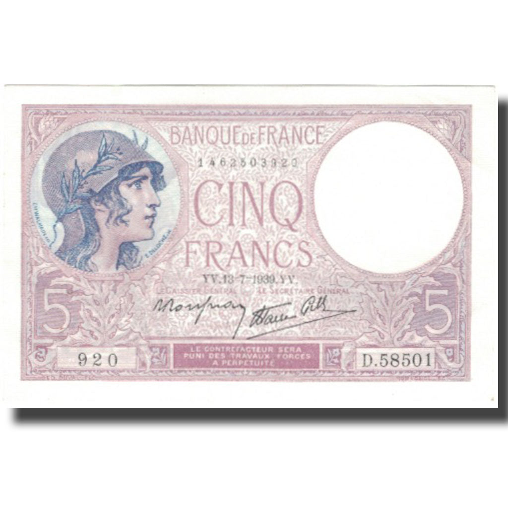 França, 5 Francs, Violet, 1939, 1939-07-13, UNC(60-62), Fayette:4.1, KM:83
