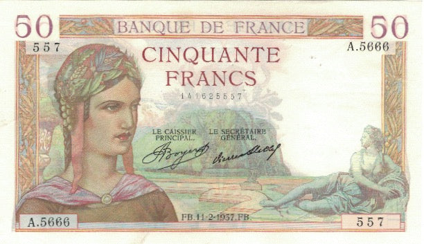 France, 50 Francs, Cérès, 1937, 1937-02-11, SUP+, Fayette:17.34, KM:81