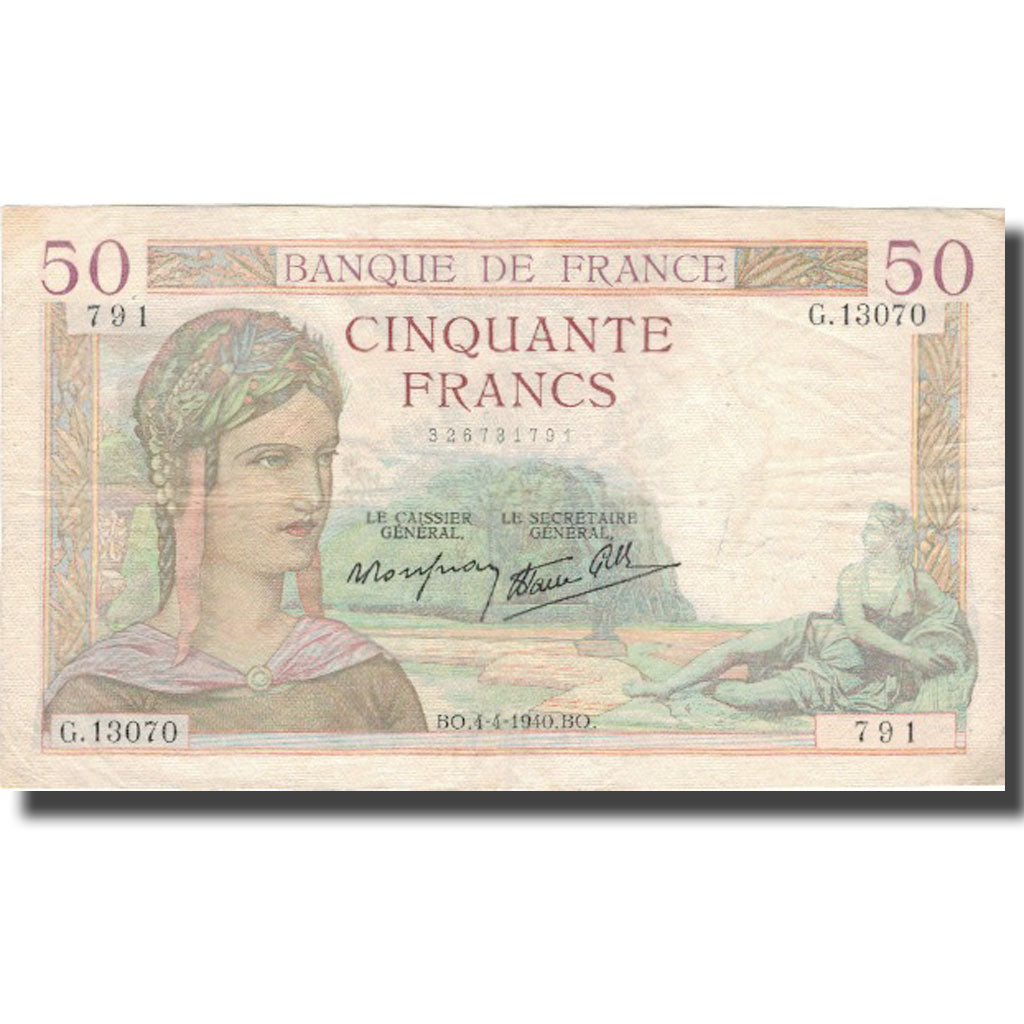 France, 50 Francs, Cérès, 1940, 1940-04-04, EF(40-45), Fayette:18.42, KM:85b