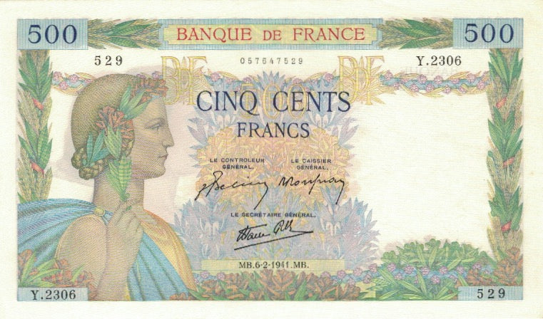 Frankrijk, 500 Francs, La Paix, 1941, 1941-02-06, NIEUW, Fayette:32.14, KM:95b