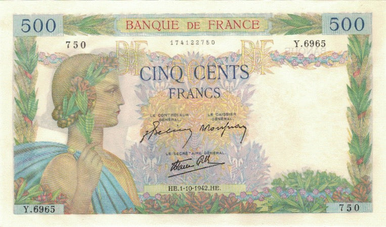France, 500 Francs, La Paix, 1942, 1942-10-01, UNC(65-70), Fayette:32.41, KM:95b