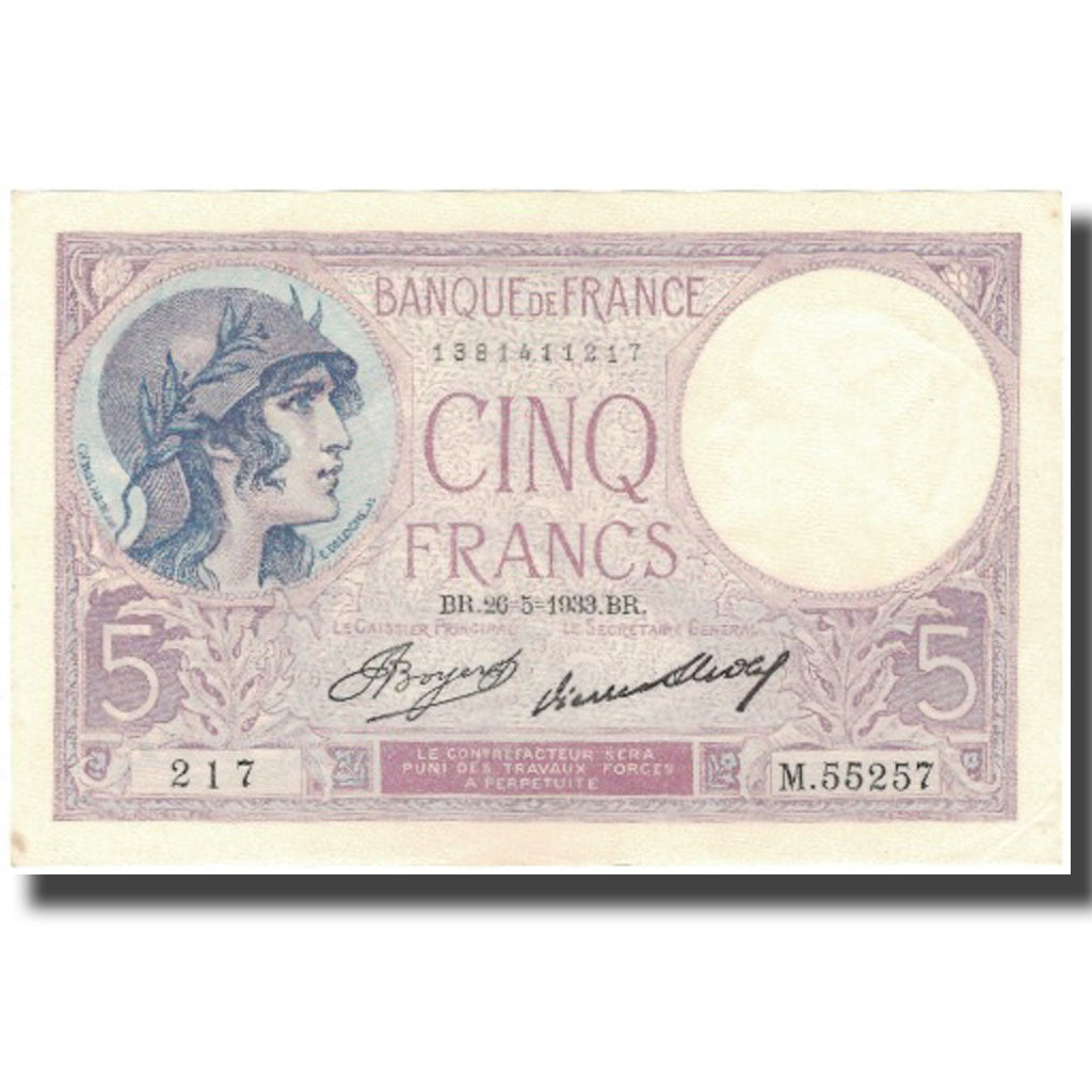 França, 5 Francs, Violet, 1933, 1933-05-26, UNC(63), Fayette:3.17, KM:72e