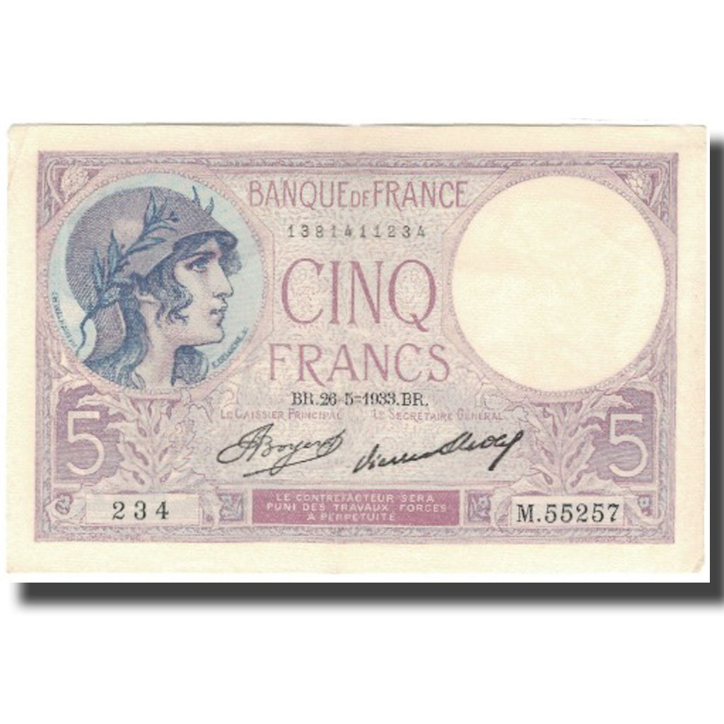 France, 5 Francs, Violet, 1933, 1933-05-26, SPL, Fayette:3.17, KM:72e