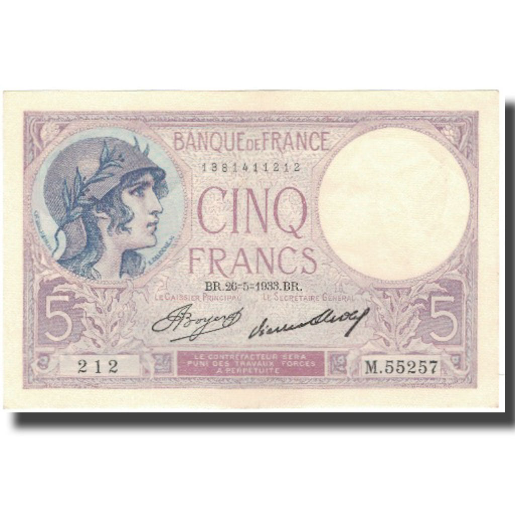 France, 5 Francs, Violet, 1933, 1933-05-26, SPL+, Fayette:3.17, KM:72e