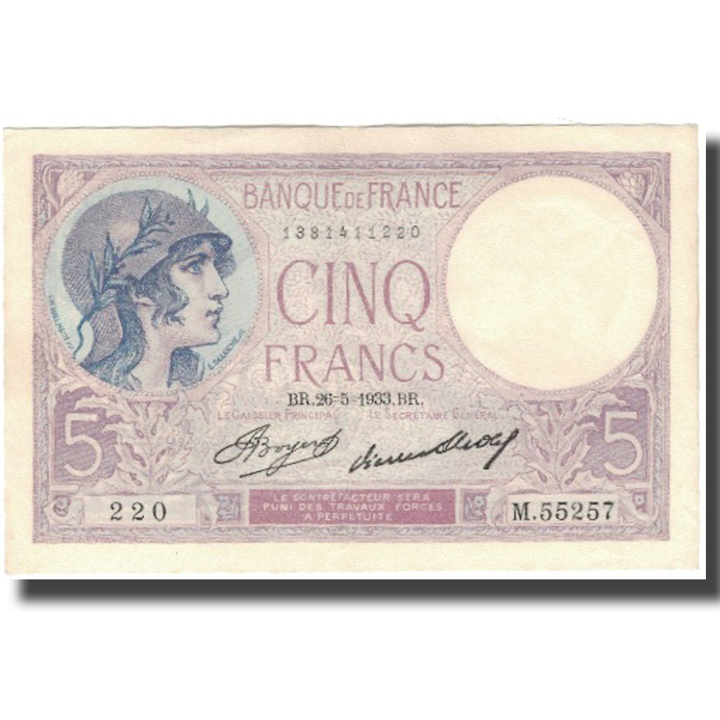 France, 5 Francs, Violet, 1933, 1933-05-26, SPL, Fayette:3.17, KM:72e