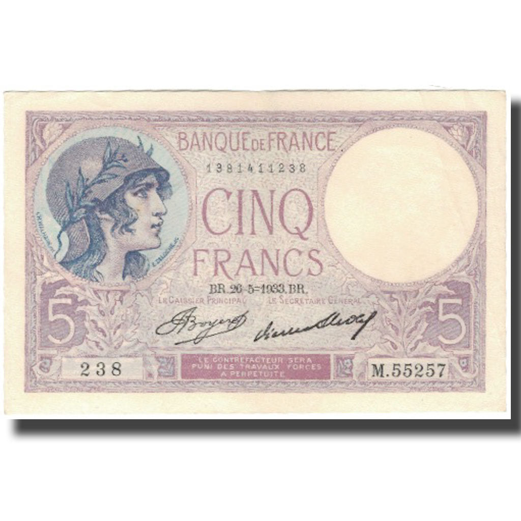 France, 5 Francs, Violet, 1933, 1933-05-26, UNC(63), Fayette:3.17, KM:72e